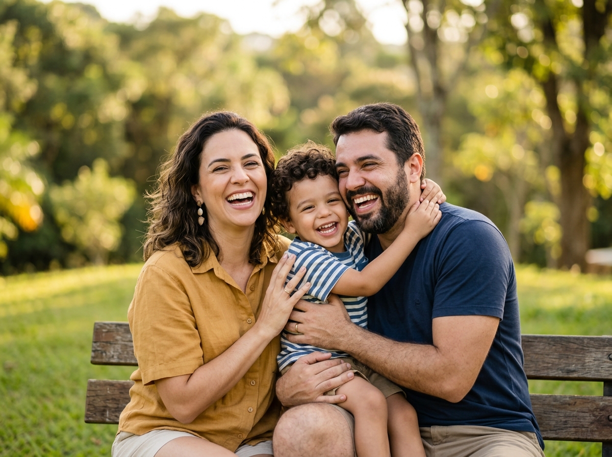 Família sorridente protegida pela Nexus Seguros